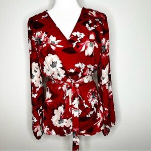 INC Womens Red Floral V-Neck Long Sleeves Wrap Top Blouse Size L